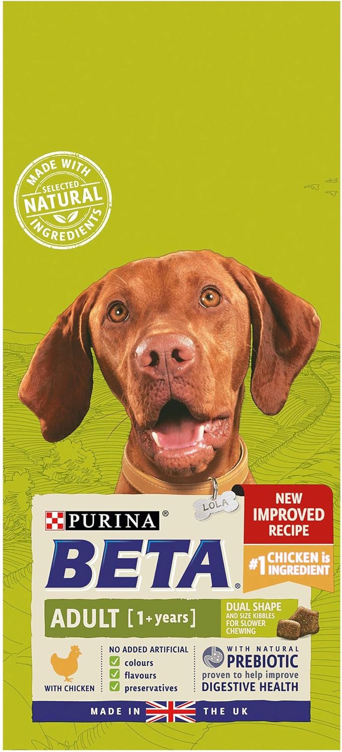 Purina Beta Adult Dry Dog Food 2kg bag featuring a happy brown dog, highlights chicken as the number one ingredient and natural prebiotic for digestive health.