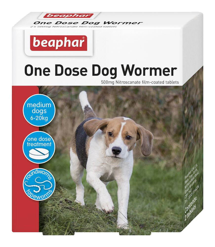 Beaphar - One Dose Dog Wormer for medium dogs 6-20kg with 2 tablets and roundworm and tapeworm treatment