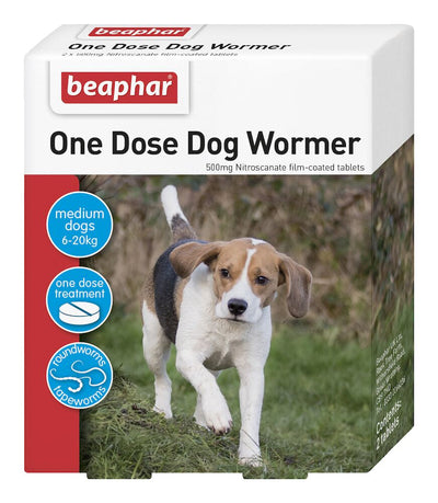 Beaphar - One Dose Dog Wormer for medium dogs 6-20kg with 2 tablets and roundworm and tapeworm treatment