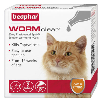 Beaphar WORMclear Spot-On dewormer for cats with praziquantel, kills tapeworms, easy to use, suitable for cats and kittens from 12 weeks, 2 tubes.