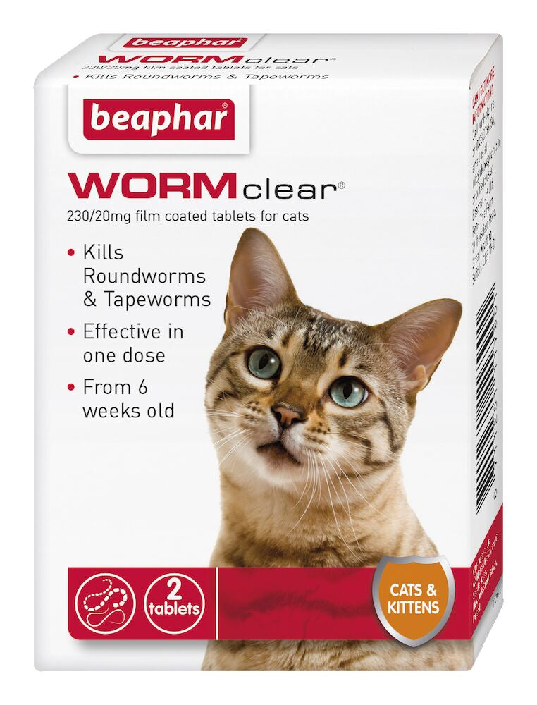 Beaphar WORMclear tablets for cats, kills roundworms and tapeworms, effective in one dose, suitable from 6 weeks old, 2 tablets pack
