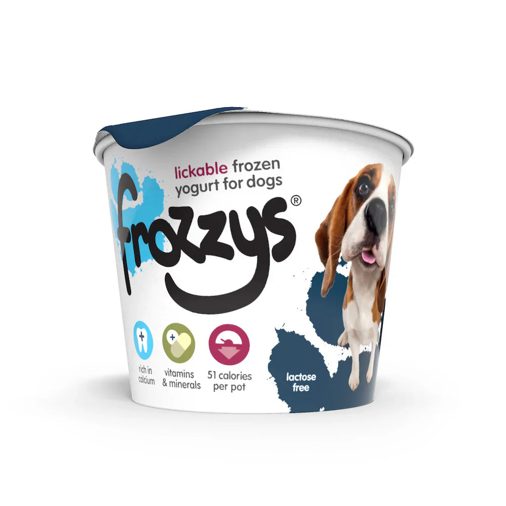 Frozzys Blueberry Frozen Yogurt for dogs, lactose-free, low-calorie, vitamin-rich healthy treat in an 85g cup