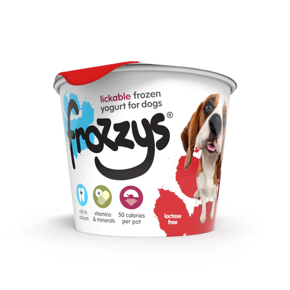 Frozzys frozen yogurt for dogs strawberry flavor, lactose-free, low-calorie, rich in vitamins and minerals, healthy dog treat.