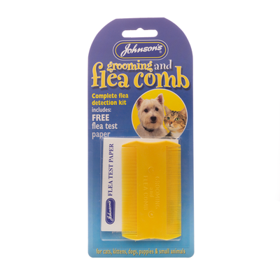 Johnsons - DO60 Flea and Grooming Comb in yellow with flea test paper for cats, kittens, dogs, puppies, and small animals