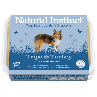 Natural Instinct Tripe and Turkey raw dog food with 80% meat and bone in eco-friendly packaging