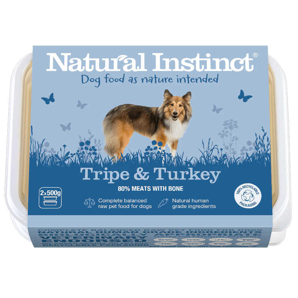 Natural Instinct Tripe and Turkey raw dog food with 80% meat and bone in eco-friendly packaging