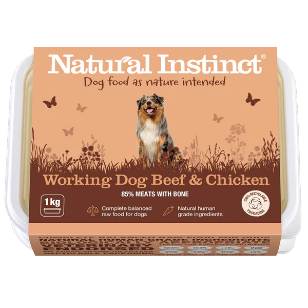 Natural Instinct Working Dog Beef and Chicken raw dog food with 85% meat and bone, 1kg pack