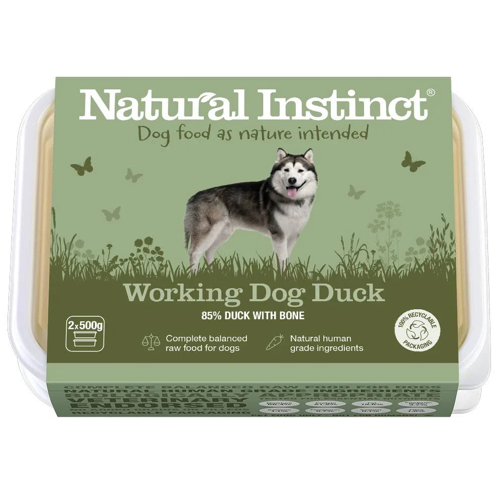 Natural Instinct Working Dog Duck raw dog food with 85% duck and bone, 1kg pack with added vitamin C for immune and joint support