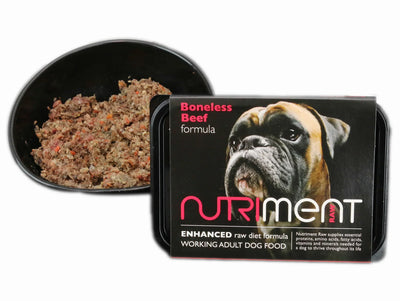 Nutriment - Boneless Beef raw dog food with human-grade beef and superfoods in black bowl and packaging featuring a boxer dog image