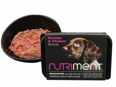Nutriment - Venison and Chicken raw dog food with enhanced nutrition for adult dogs and bowl of food.