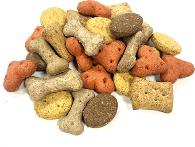 The Pet Store Biscuit Selection 500g assorted baked crunchy dog treats in various shapes and colors