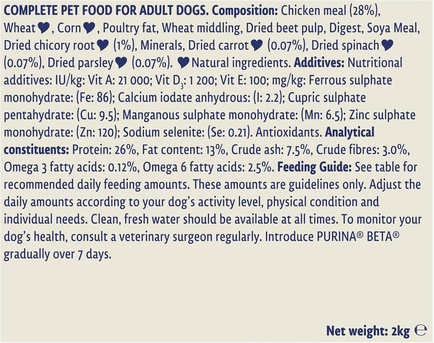 Purina Beta Adult Dry Dog Food with chicken, natural ingredients, prebiotics for digestive health, vitamins for skin and bones, 2kg bag
