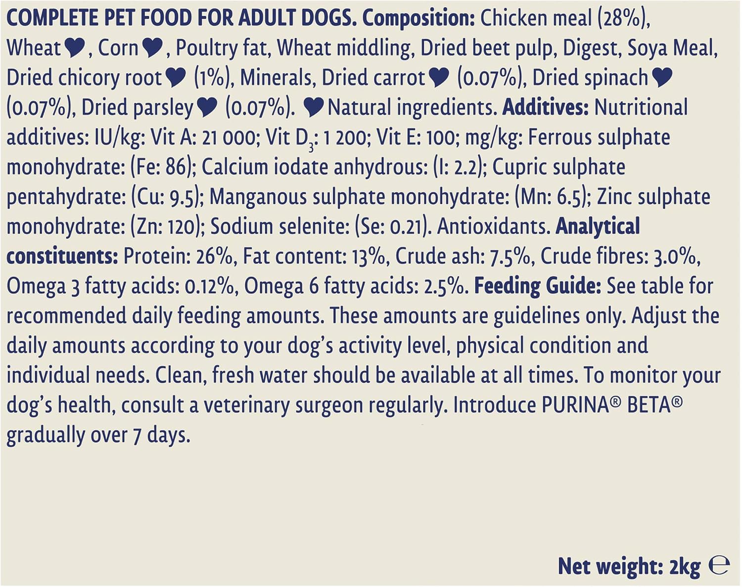 Purina Beta Adult Dry Dog Food with chicken, natural ingredients, prebiotics for digestive health, vitamins for skin and bones, 2kg bag